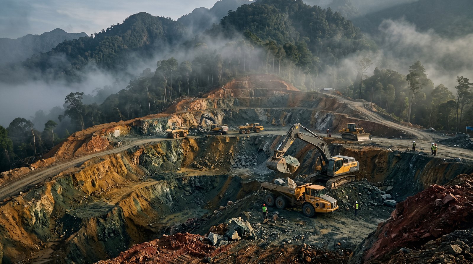 Excavators and haul trucks working across levels of a mountain mine