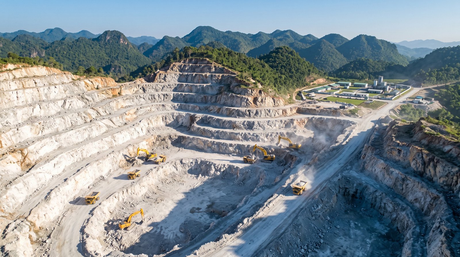 Wide terraced open-pit mine with heavy equipment in operation