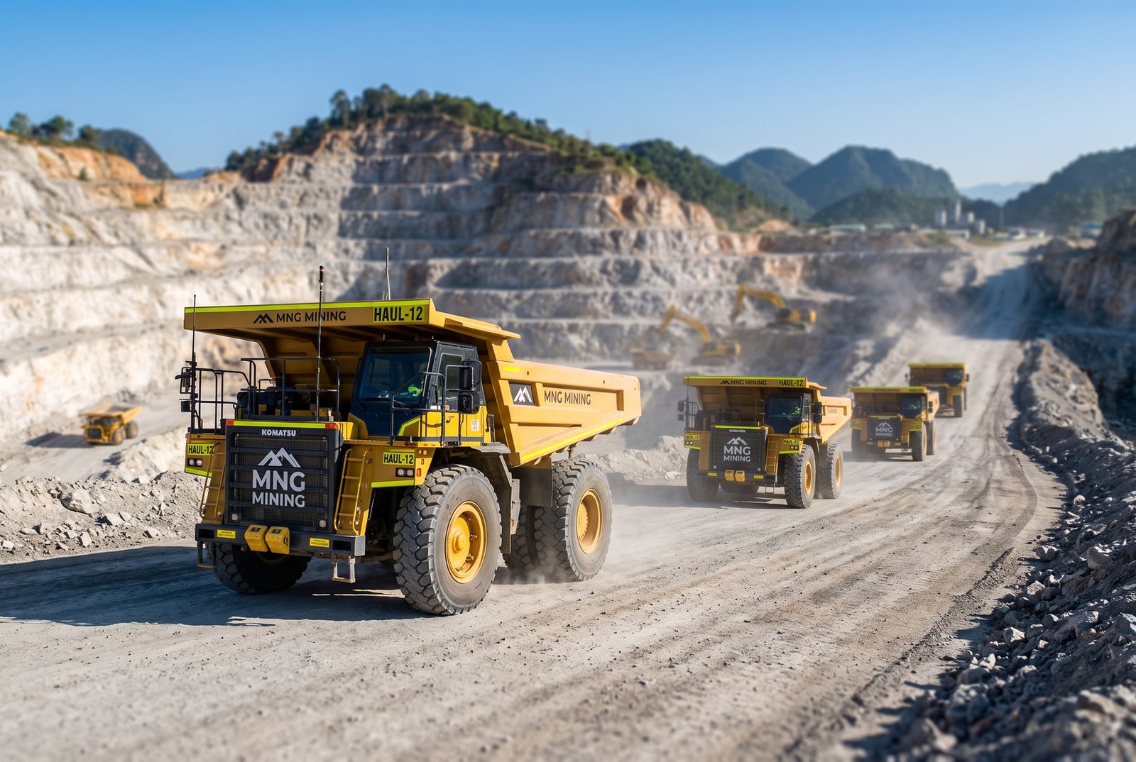 Mining haul trucks traveling through a terraced open-pit mine