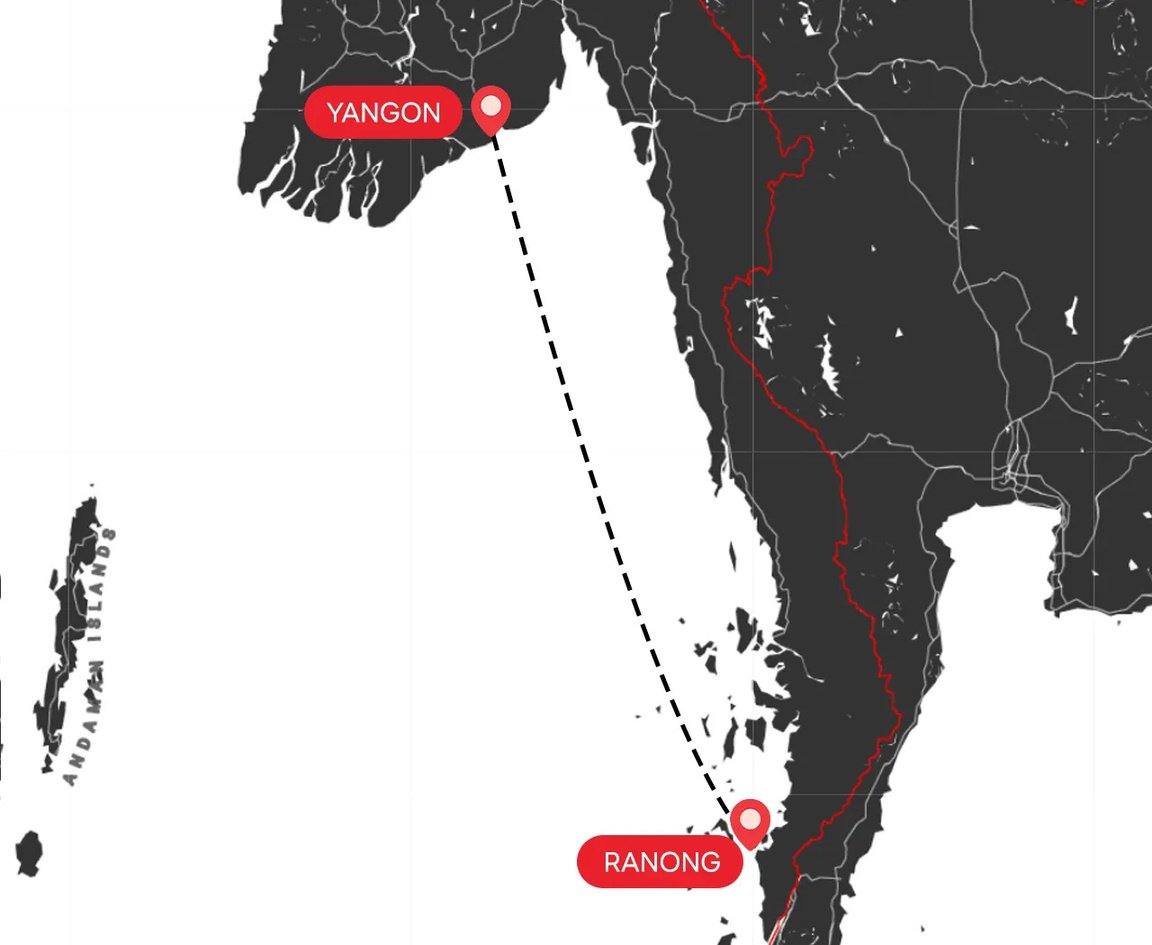 Route map connecting Yangon and Ranong by sea